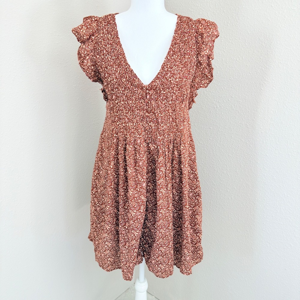 Madewell‎ Smocked Mini Dress Small Rust Brown Floral Cottagecore Boho Romantic